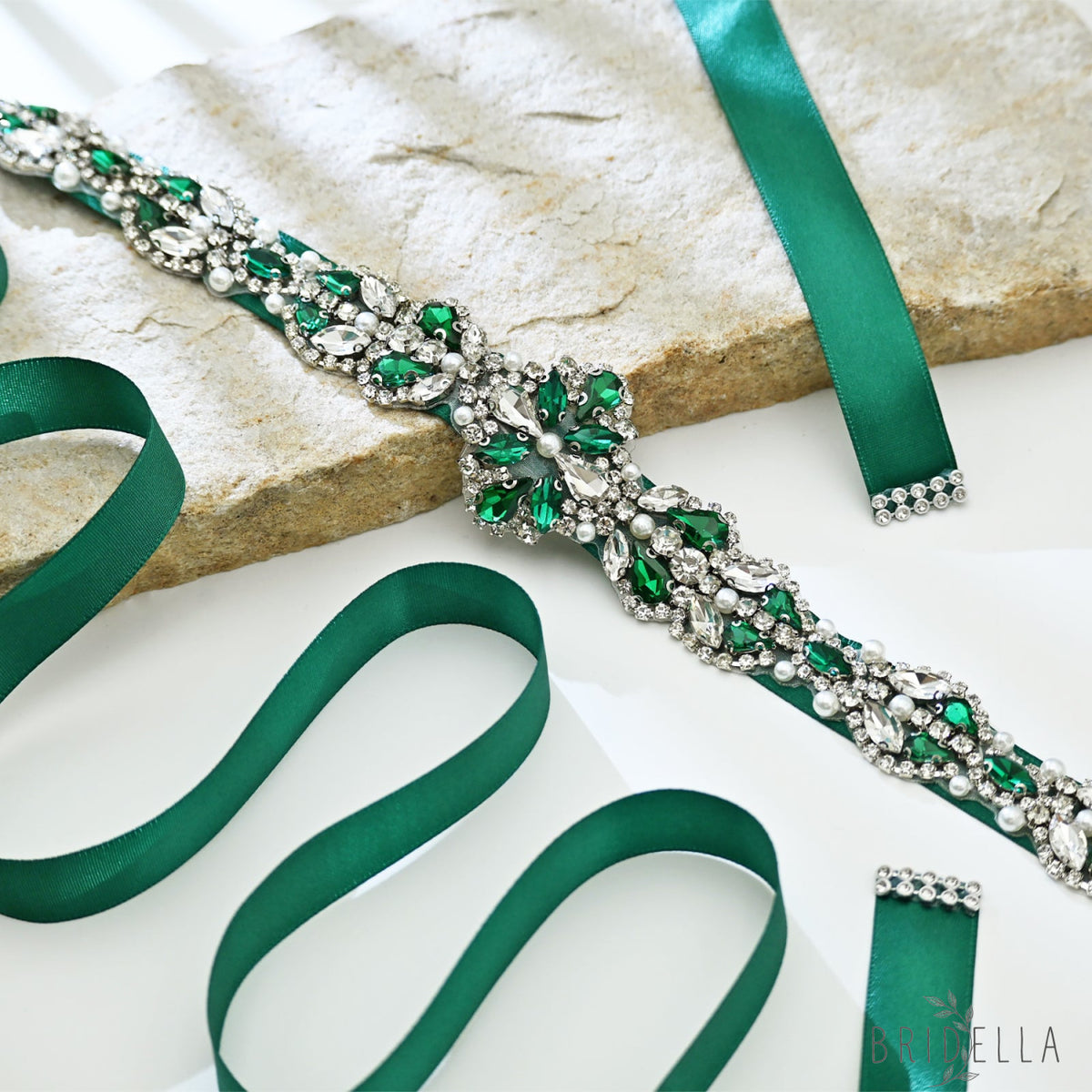 Green Rhinestone Pearl Bridal Belt Wedding Sash - Green Ribbon - Belts