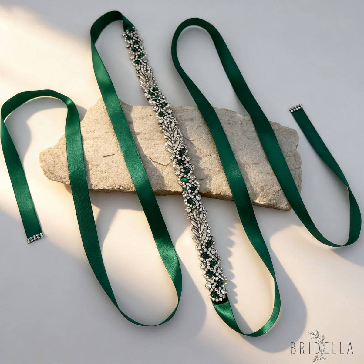 Green Ribbon Emerald Rhinestone & Pearl Belt - Bridella BS100KL - Belts