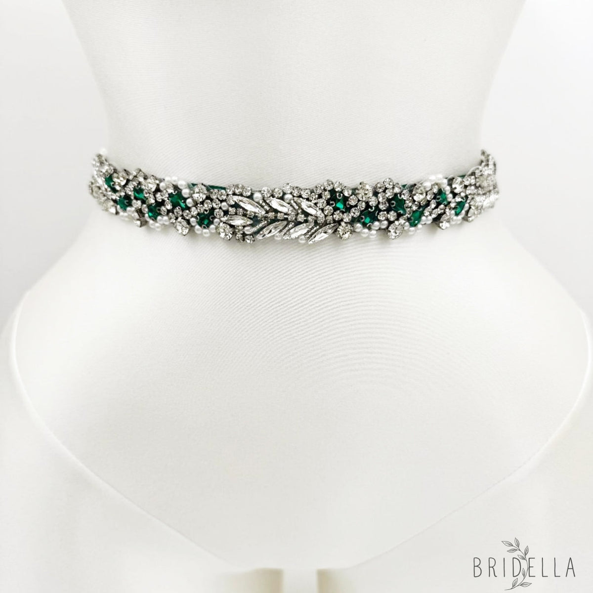 Green Ribbon Emerald Rhinestone & Pearl Belt - Bridella BS100KL - Belts