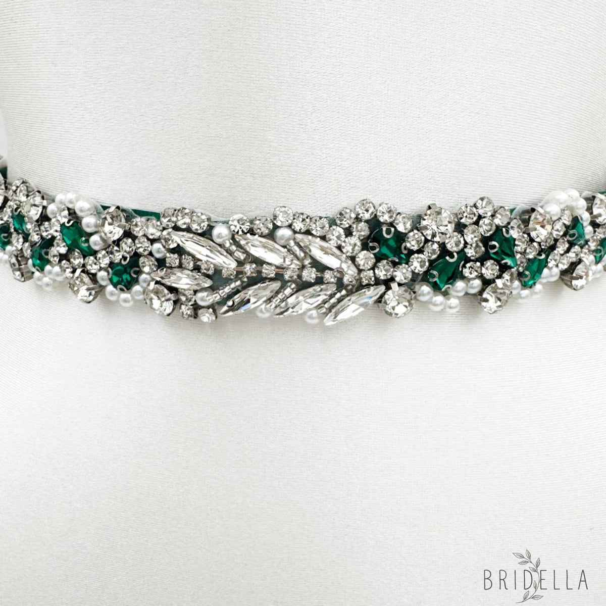 Green Ribbon Emerald Rhinestone & Pearl Belt - Bridella BS100KL - Belts