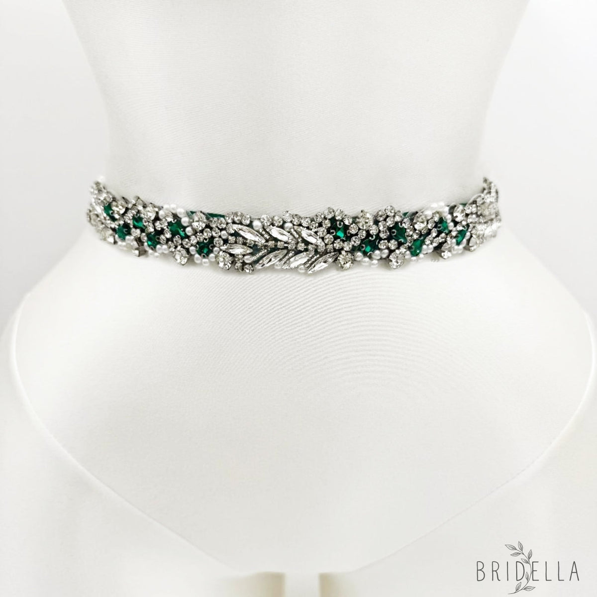 Green Ribbon Emerald Rhinestone & Pearl Belt - Bridella BS100KL - Belts