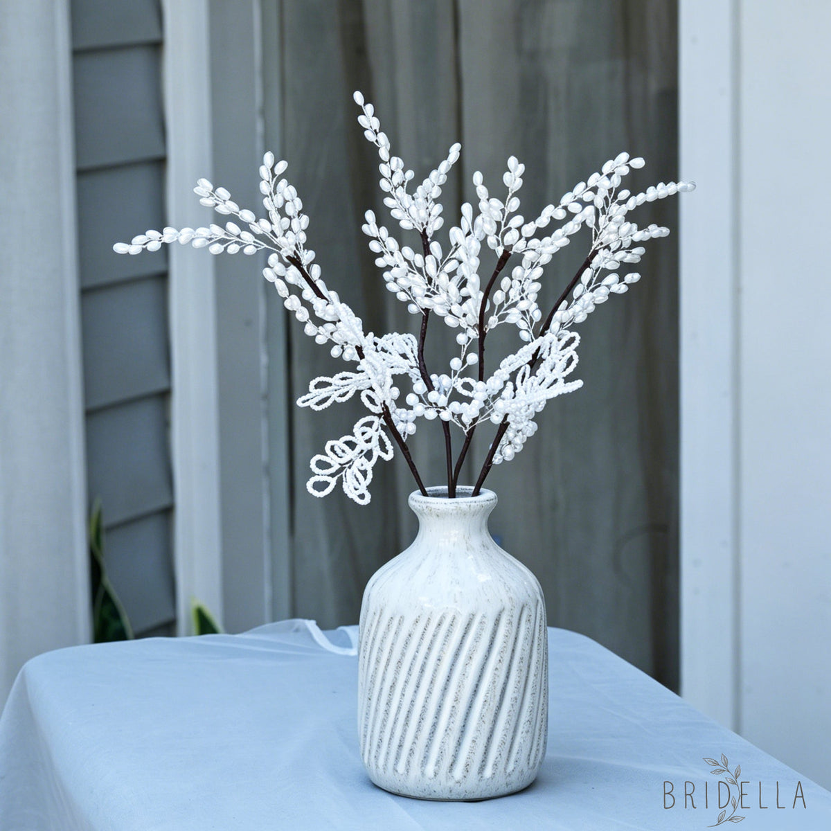 Handmade White Pearl Beaded Leaf Branch Picks Faux Pearl Floral Stem K130 - White