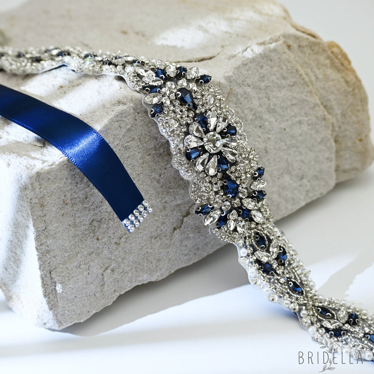 Ink Blue Rhinestone Pearl Bridal Sash Wedding Dress Belt – Bridella BS119ML - ink blue - Belts
