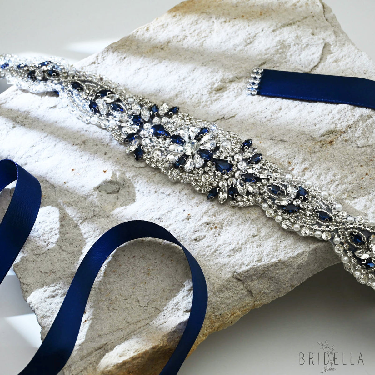 Ink Blue Rhinestone Pearl Bridal Sash Wedding Dress Belt – Bridella BS119ML - ink blue - Belts