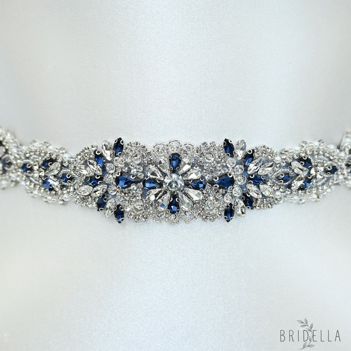Ink Blue Rhinestone Pearl Bridal Sash Wedding Dress Belt – Bridella BS119ML - ink blue - Belts
