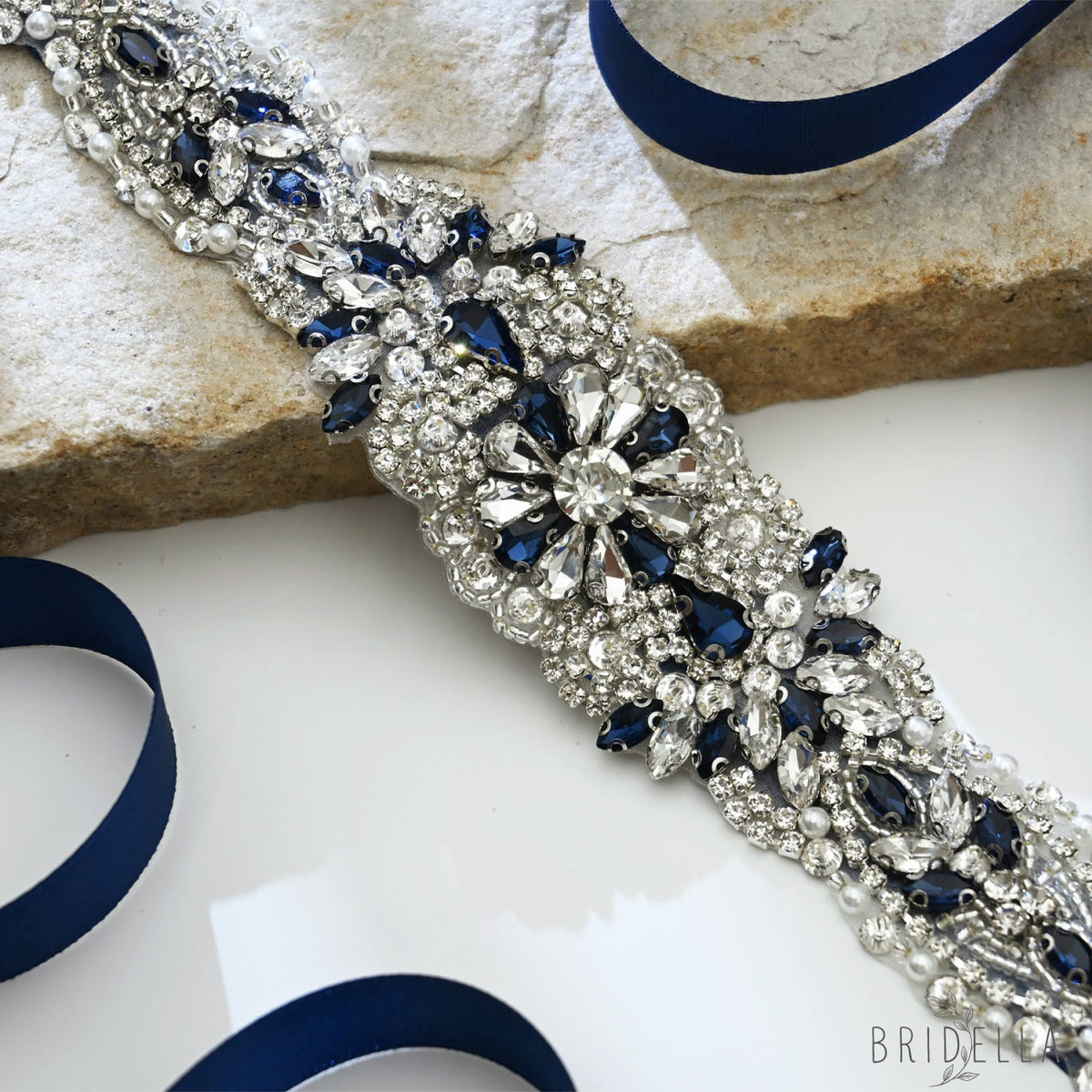 Ink Blue Rhinestone Pearl Bridal Sash Wedding Dress Belt – Bridella BS119ML - ink blue - Belts