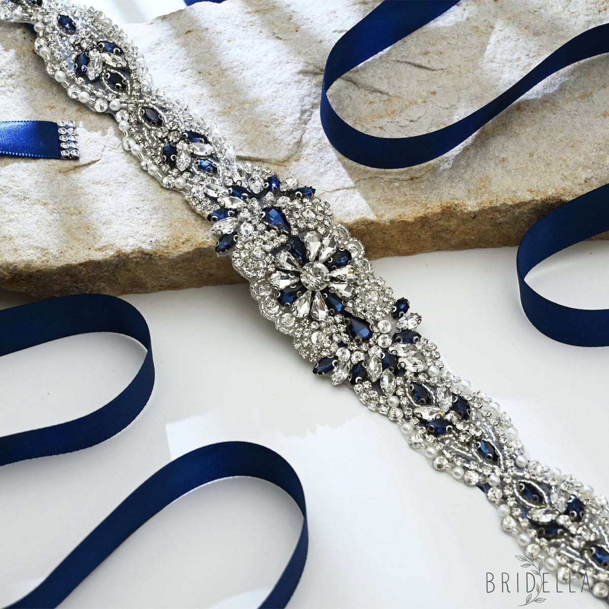 Ink Blue Rhinestone Pearl Bridal Sash Wedding Dress Belt – Bridella BS119ML - ink blue - Belts