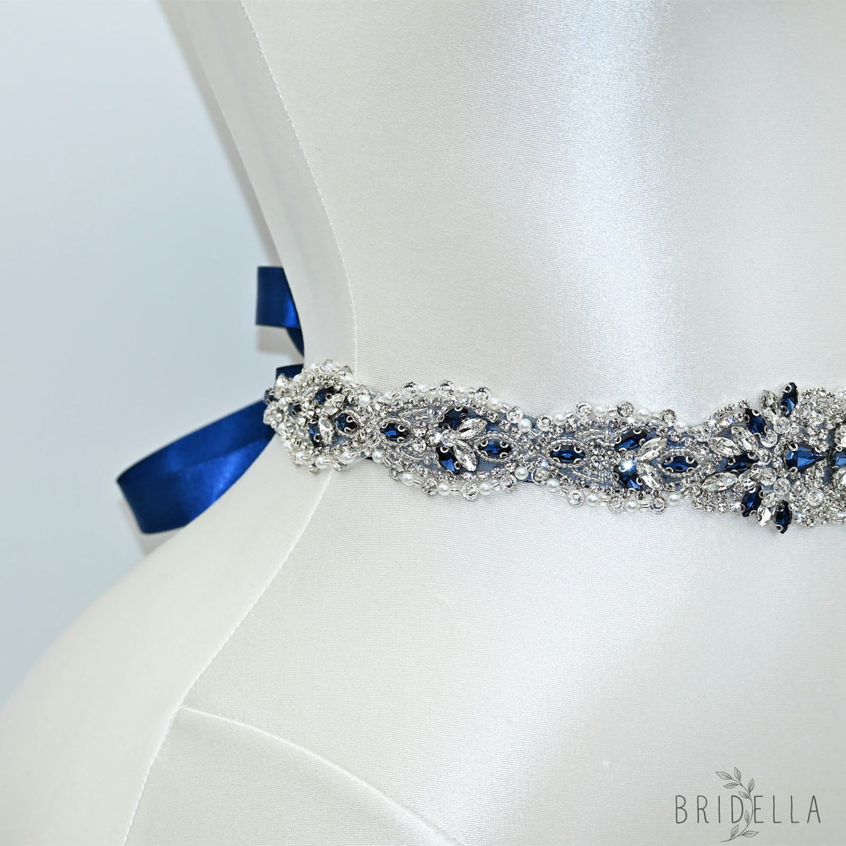 Ink Blue Rhinestone Pearl Bridal Sash Wedding Dress Belt – Bridella BS119ML - ink blue - Belts