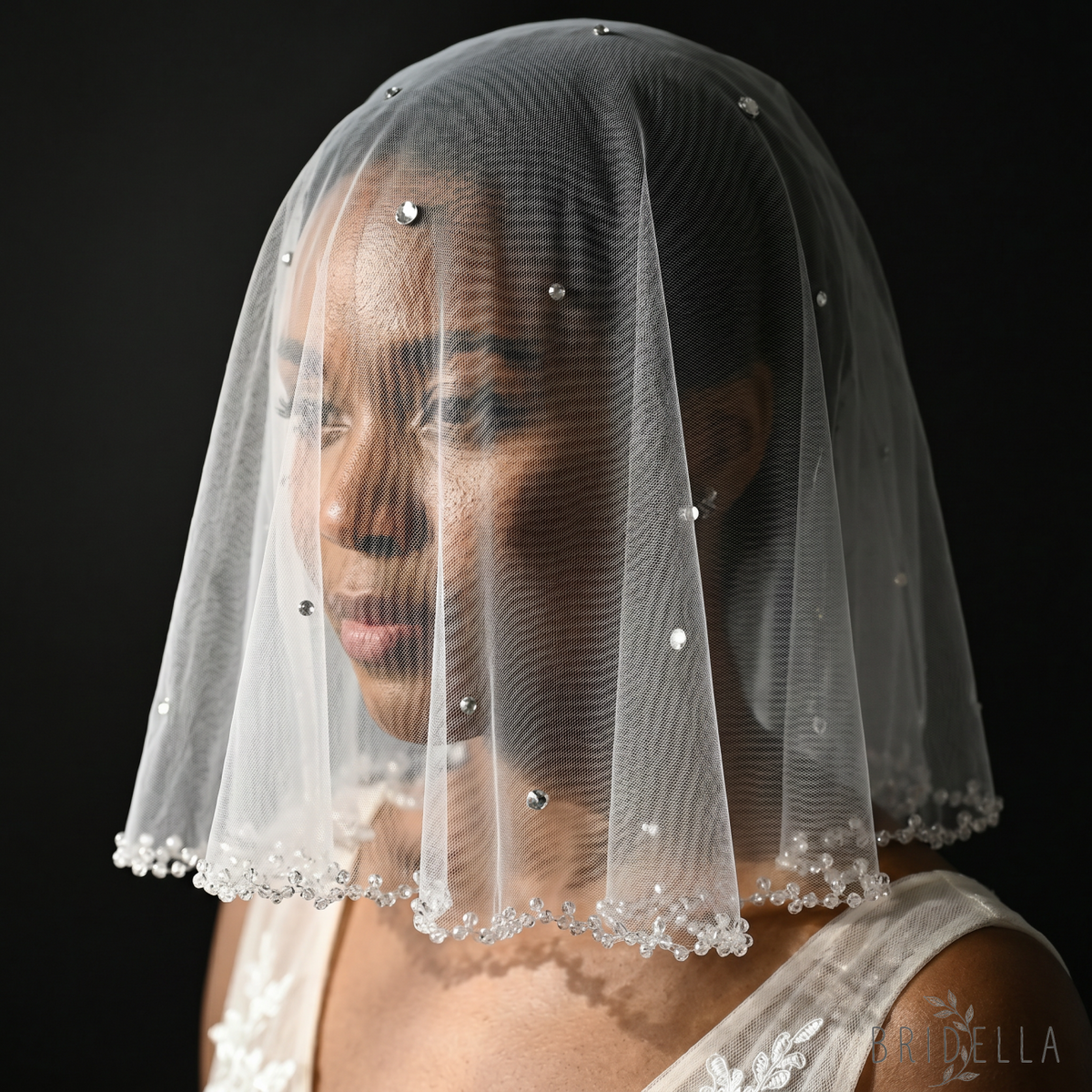Ivory Crystal Beaded Bridal Blusher Veil Rhinestone Birdcage Wedding Veil - Bridella BMA10-I - Ivory