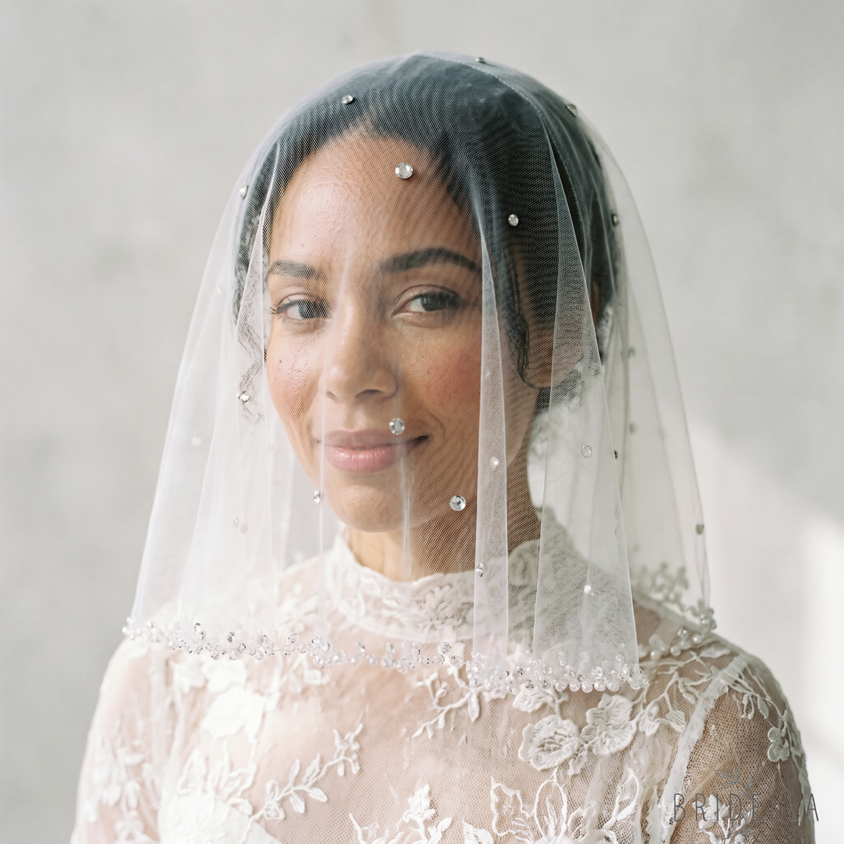 Ivory Crystal Beaded Bridal Blusher Veil Rhinestone Birdcage Wedding Veil - Bridella BMA10-I - Ivory