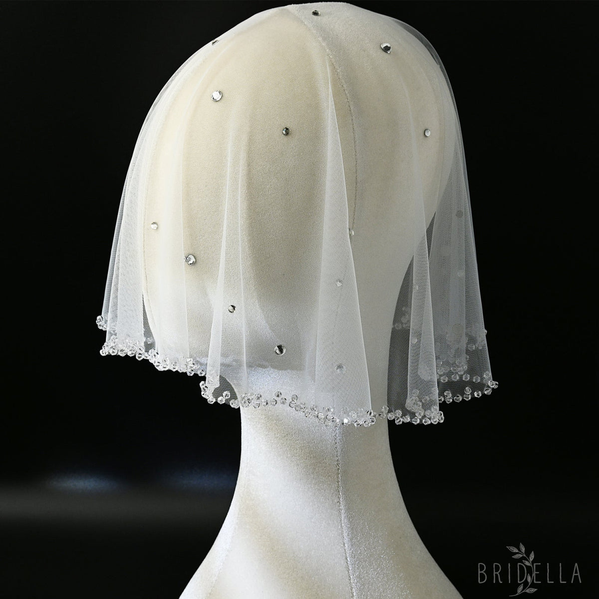 Ivory Crystal Beaded Bridal Blusher Veil Rhinestone Birdcage Wedding Veil - Bridella BMA10-I - Ivory