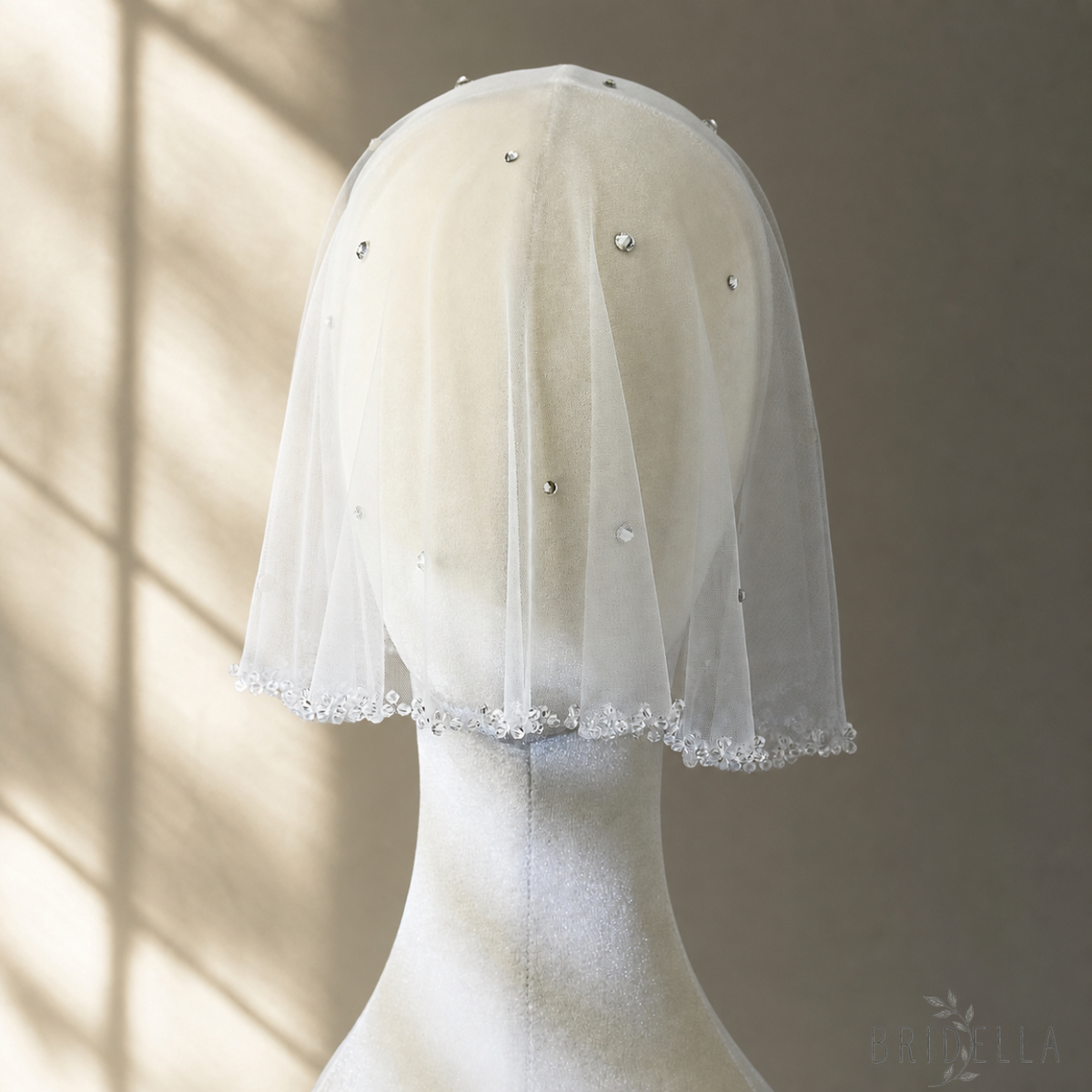 Ivory Crystal Beaded Bridal Blusher Veil Rhinestone Birdcage Wedding Veil - Bridella BMA10-I - Ivory