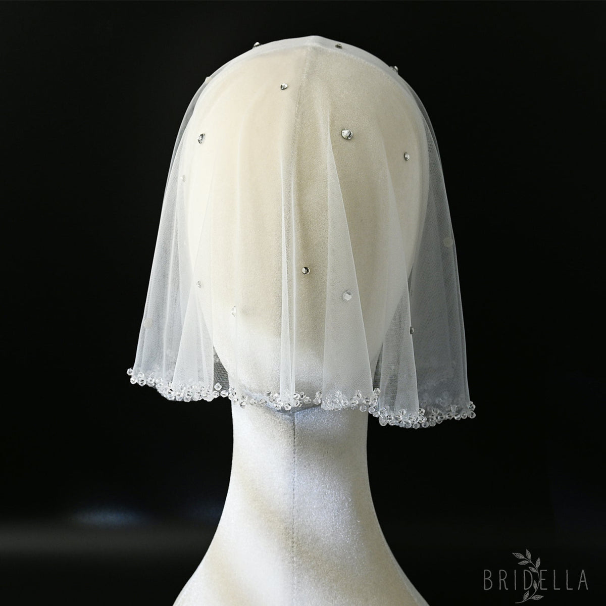 Ivory Crystal Beaded Bridal Blusher Veil Rhinestone Birdcage Wedding Veil - Bridella BMA10-I - Ivory