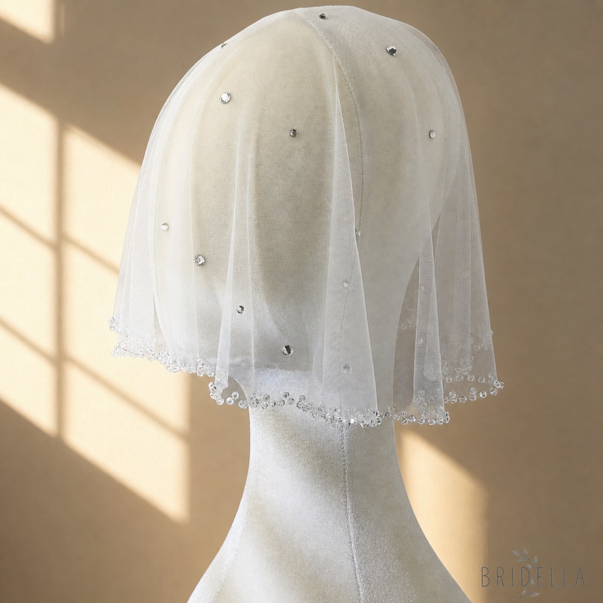 Ivory Crystal Beaded Bridal Blusher Veil Rhinestone Birdcage Wedding Veil - Bridella BMA10-I - Ivory