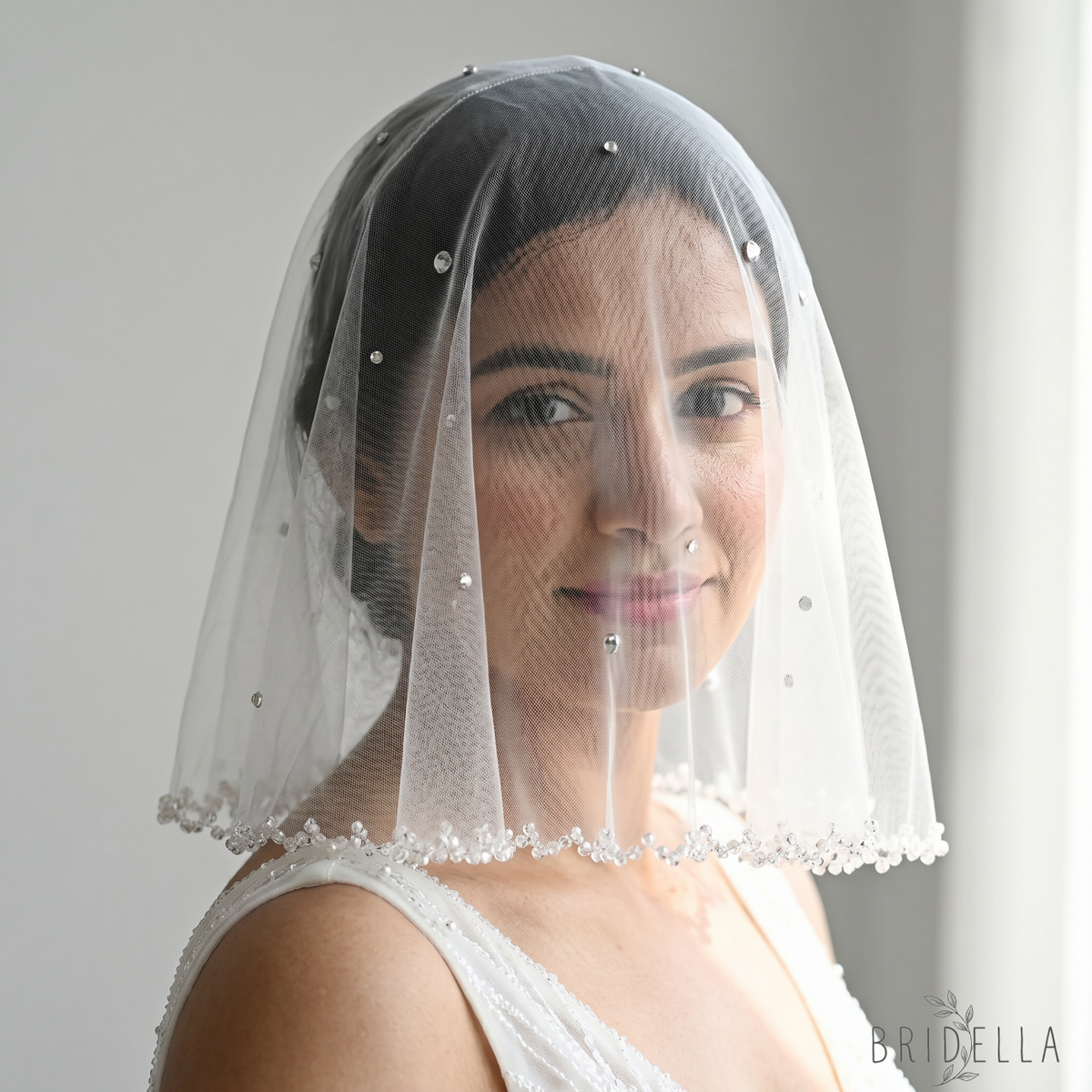 Ivory Crystal Beaded Bridal Blusher Veil Rhinestone Birdcage Wedding Veil - Bridella BMA10-I - Ivory