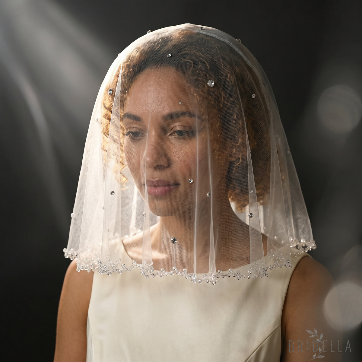 Ivory Crystal Beaded Bridal Blusher Veil Rhinestone Birdcage Wedding Veil - Bridella BMA10-I - Ivory