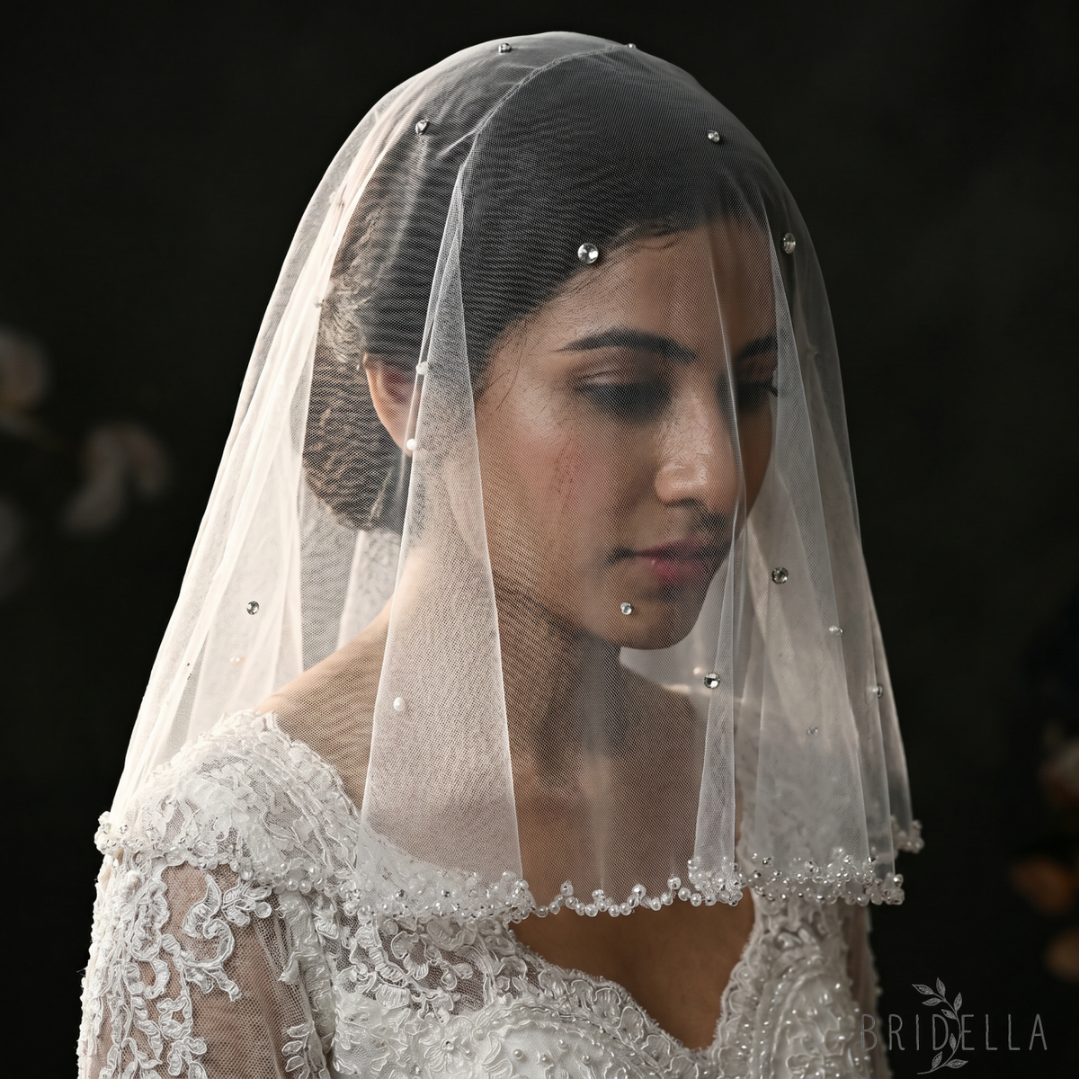 Ivory Crystal Beaded Bridal Blusher Veil Rhinestone Birdcage Wedding Veil - Bridella BMA10-I - Ivory
