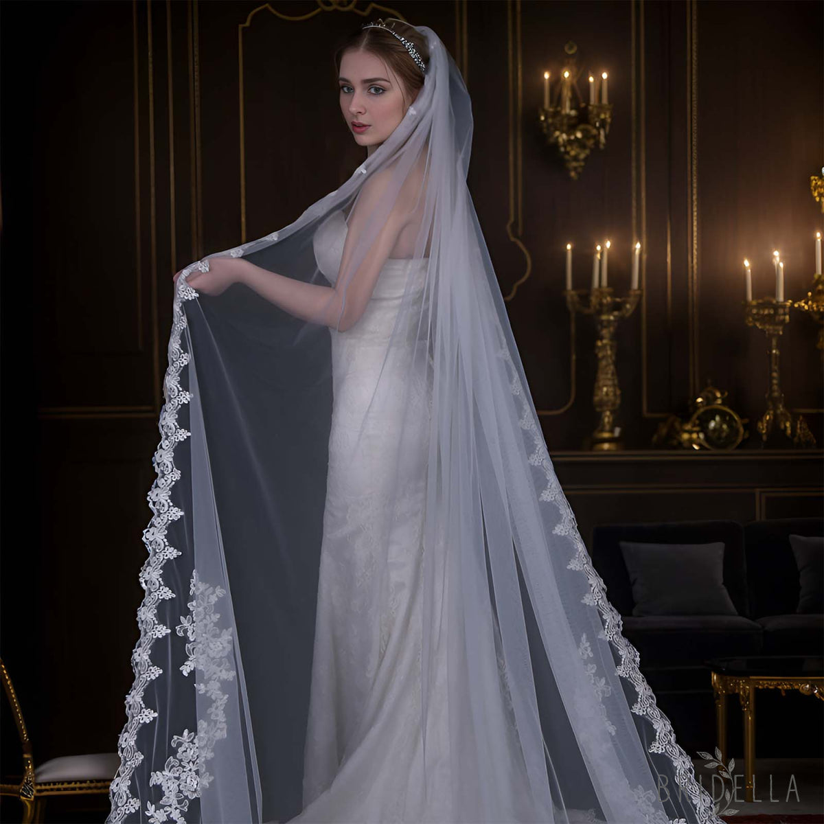 V110-I white lace mesh veil