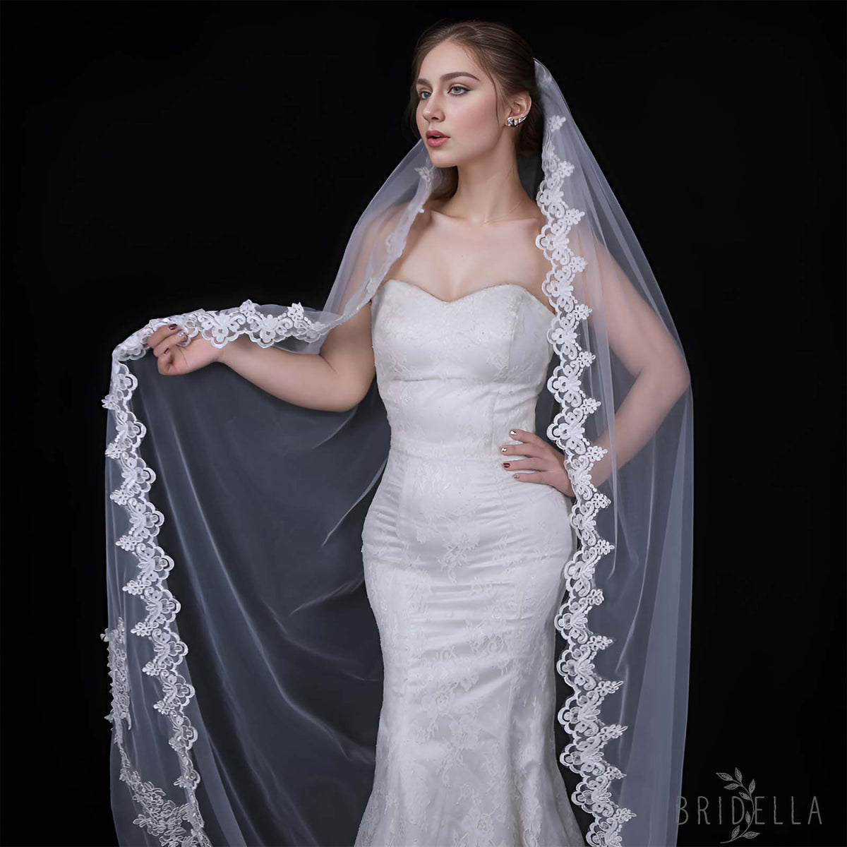 V110-I white lace mesh veil