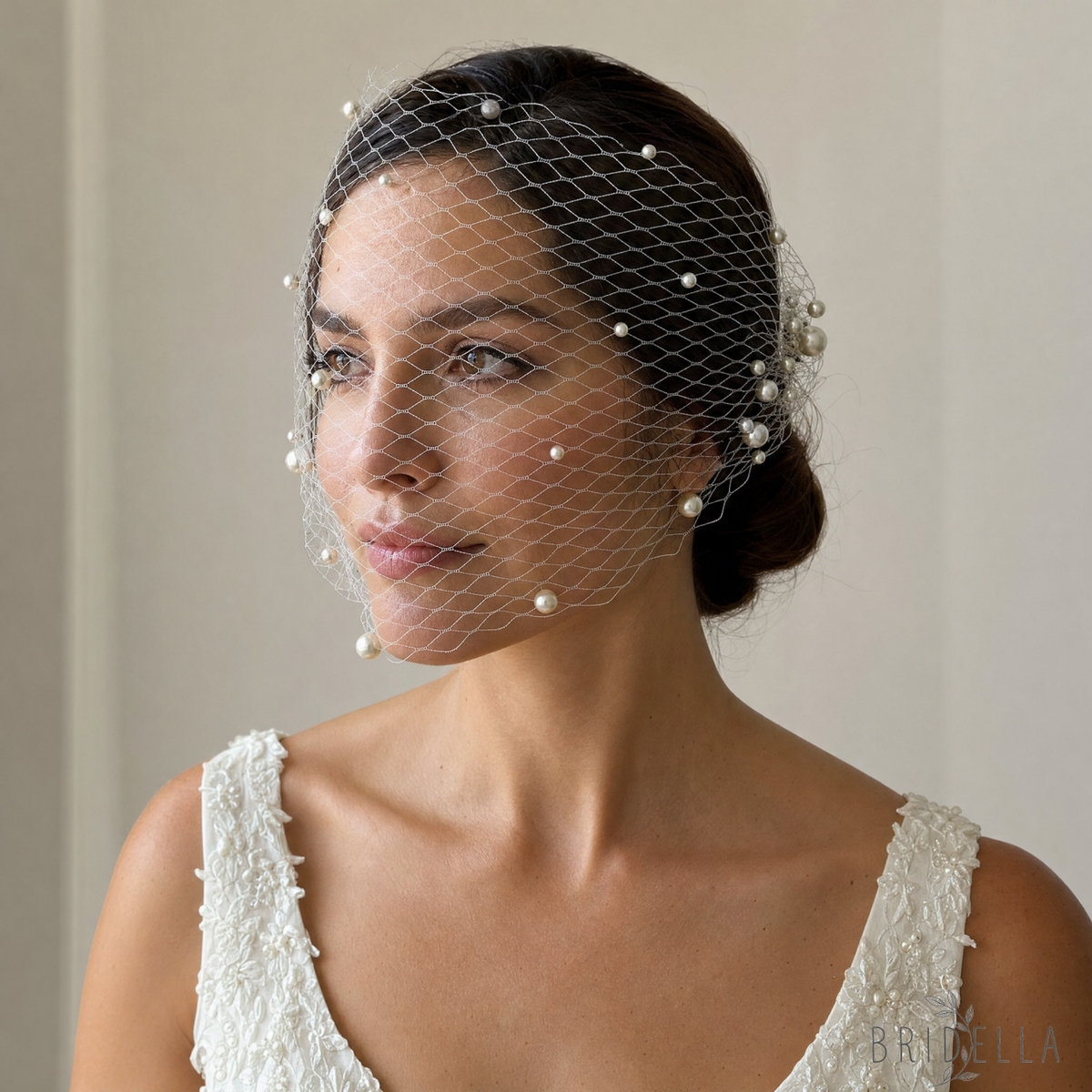 Ivory Pearl Mesh Bridal Hair Comb Veil - Bridella BVA05 - Ivory - face veil