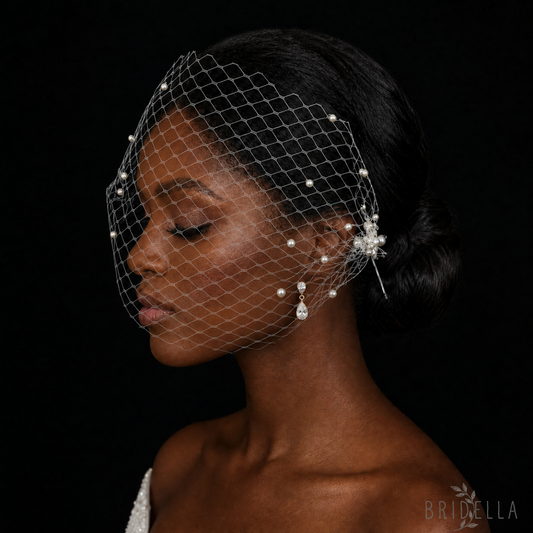 Ivory Pearl Mesh Bridal Headband Wedding Hairpiece - Bridella BMA08 - face veil