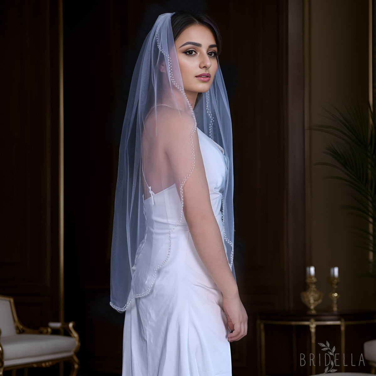 V35-I ivory pearl mesh veil