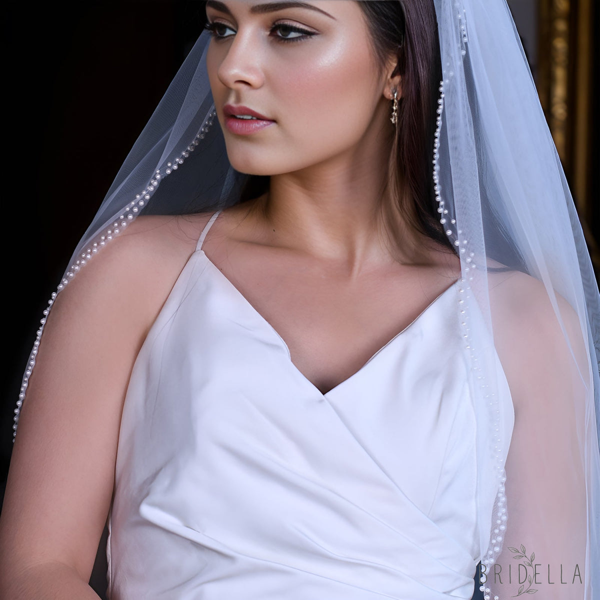 V35-I ivory pearl mesh veil