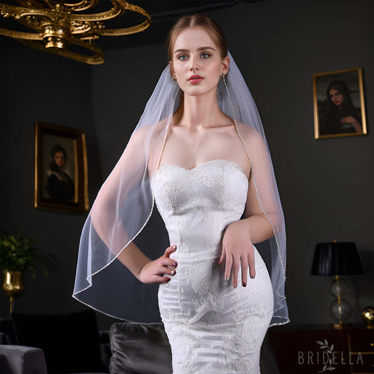 V34-I ivory pearl mesh veil