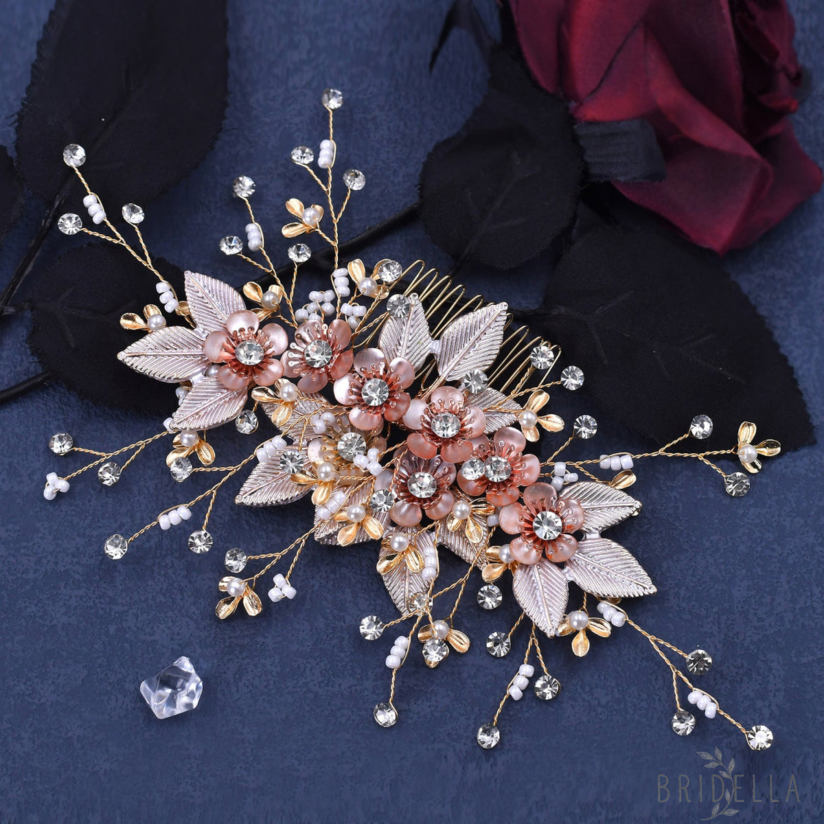 BHP358-G ivory rhinestone pearl hair comb