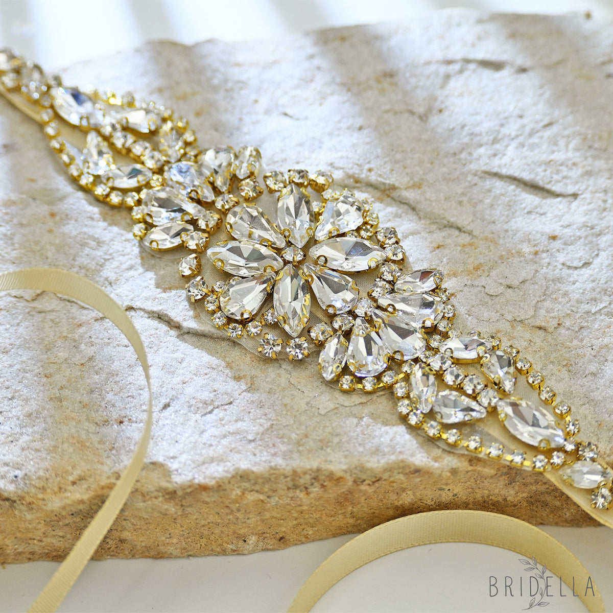 Ivory Rhinestone Bridal Sash Wedding Dress Belt – Bridella BS131-G - Gold - Belts
