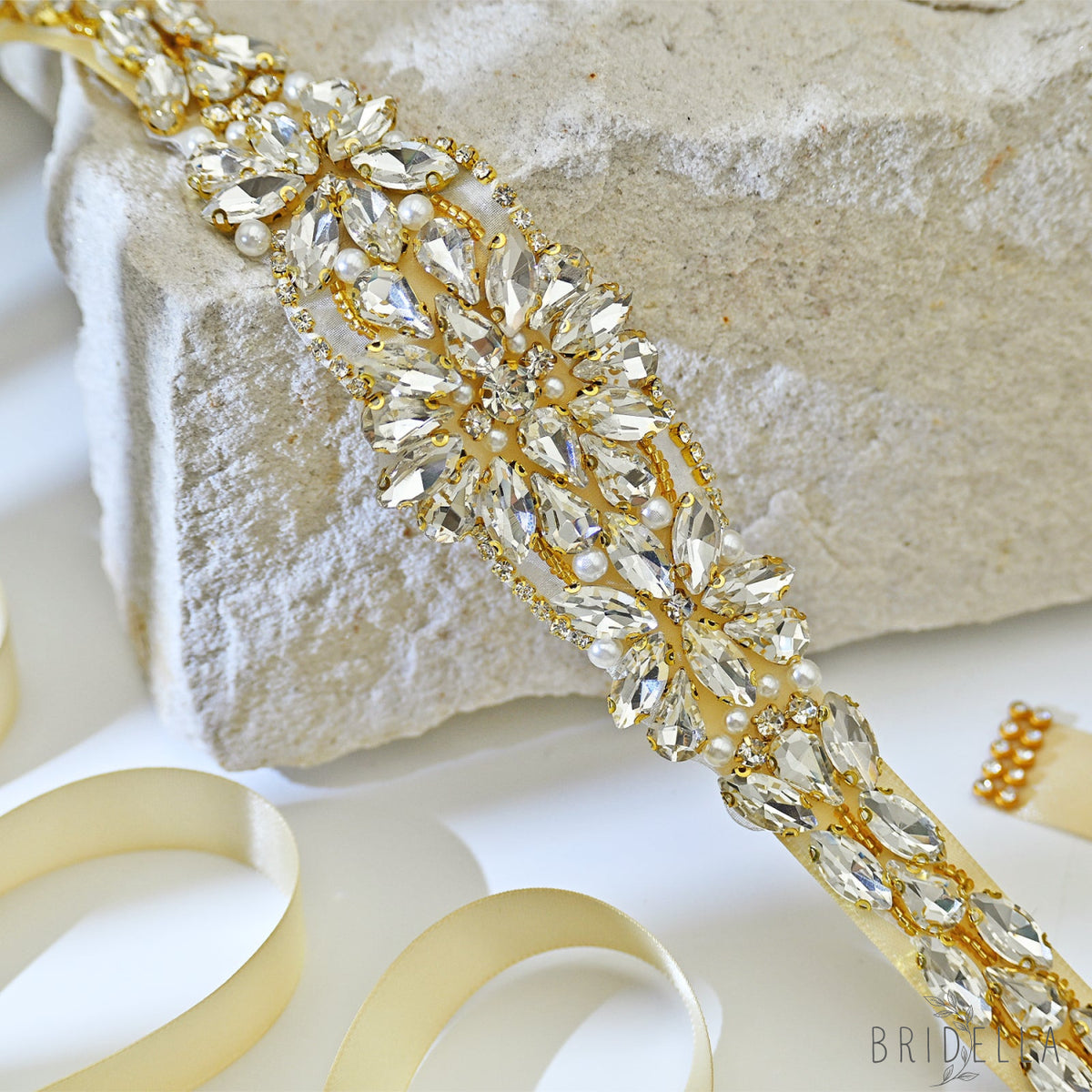 Ivory Rhinestone Bridal Sash Wedding Dress Belt – Bridella BS131-G - Gold - Belts