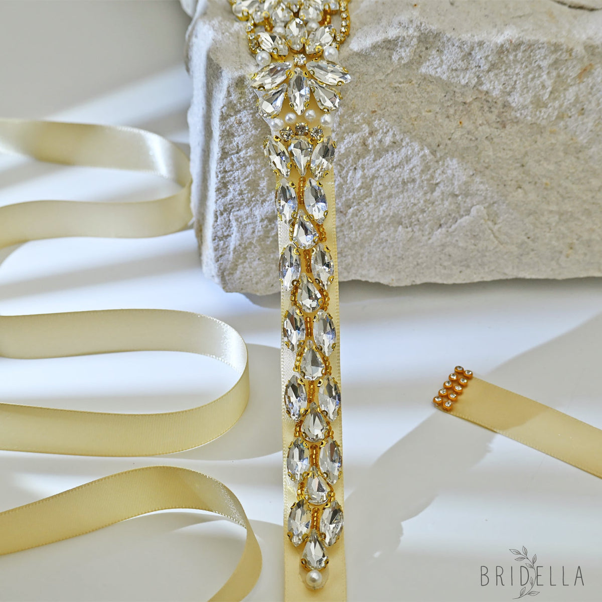 Ivory Rhinestone Bridal Sash Wedding Dress Belt – Bridella BS131-G - Gold - Belts