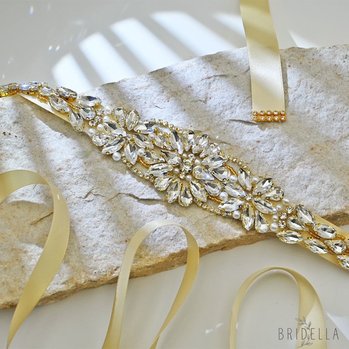 Ivory Rhinestone Bridal Sash Wedding Dress Belt – Bridella BS131-G - Gold - Belts