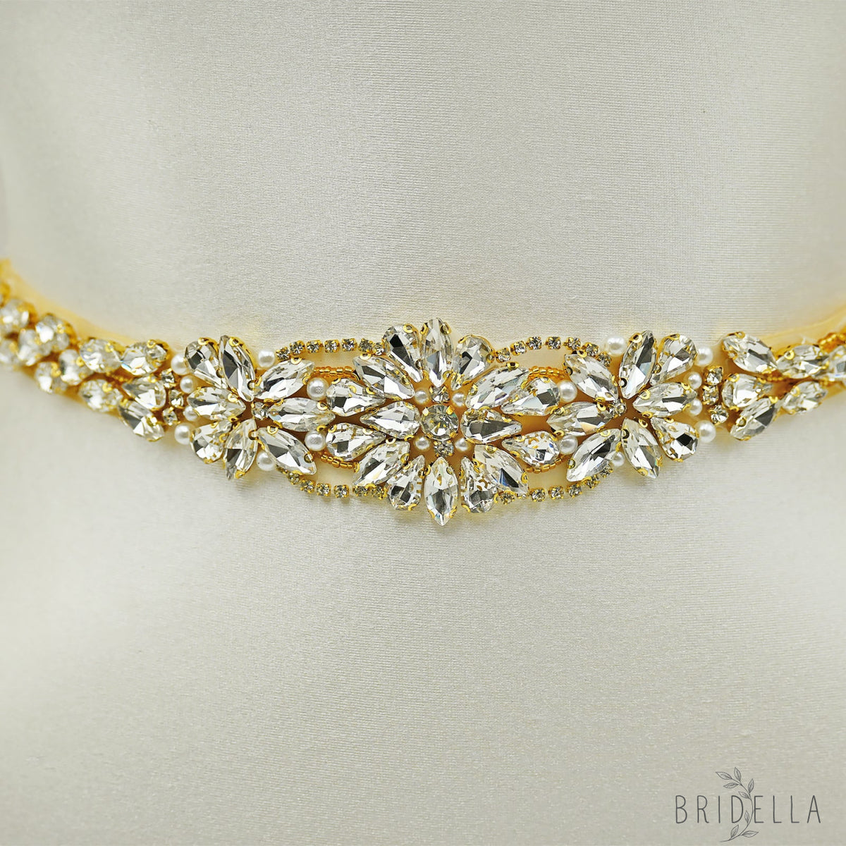 Ivory Rhinestone Bridal Sash Wedding Dress Belt – Bridella BS131-G - Gold - Belts