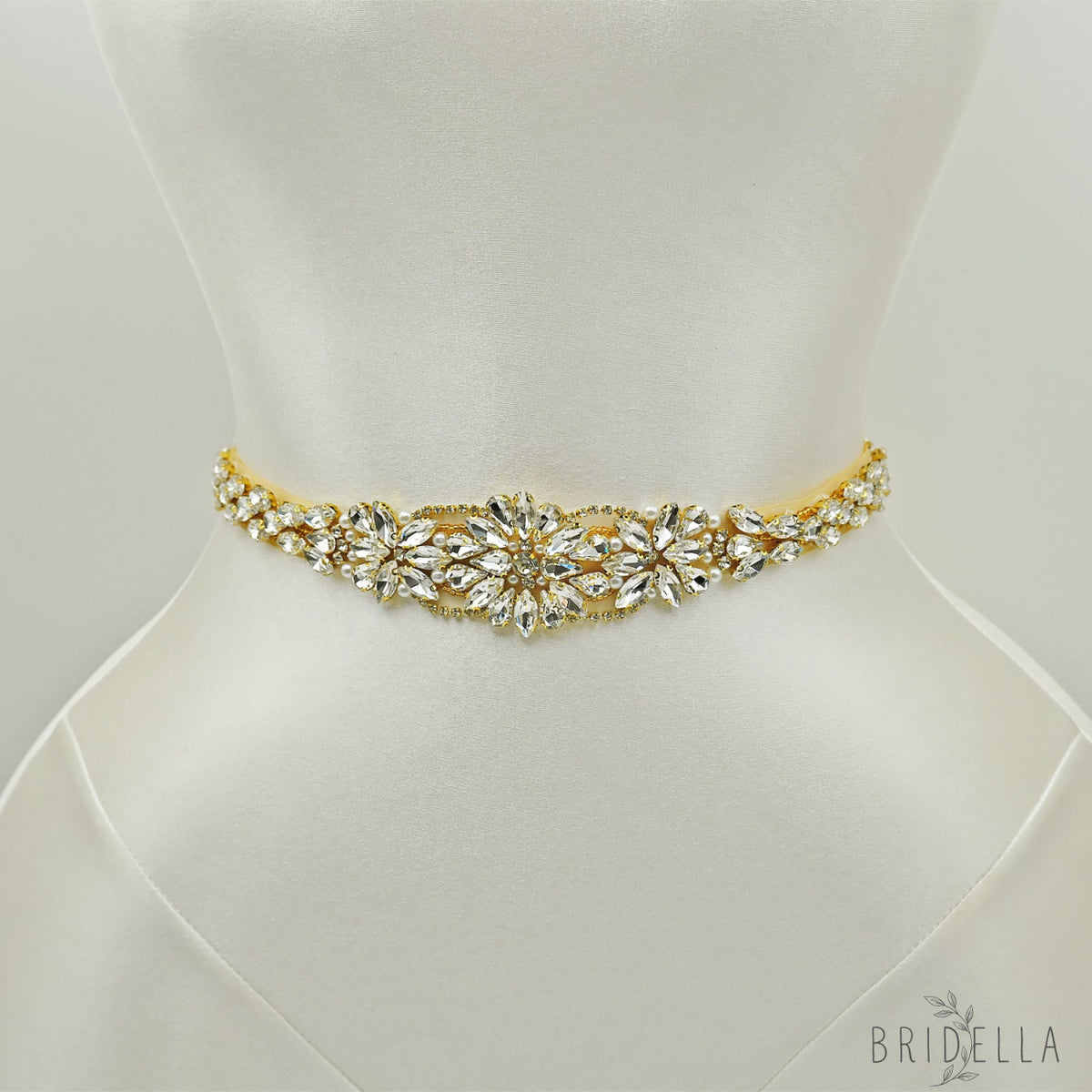 Ivory Rhinestone Bridal Sash Wedding Dress Belt – Bridella BS131-G - Gold - Belts