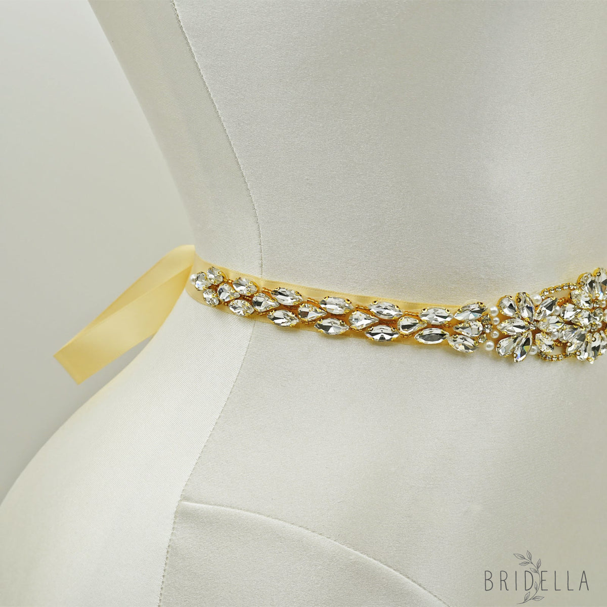 Ivory Rhinestone Bridal Sash Wedding Dress Belt – Bridella BS131-G - Gold - Belts