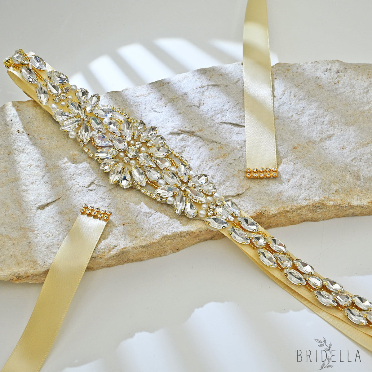 Ivory Rhinestone Bridal Sash Wedding Dress Belt – Bridella BS131-G - Gold - Belts