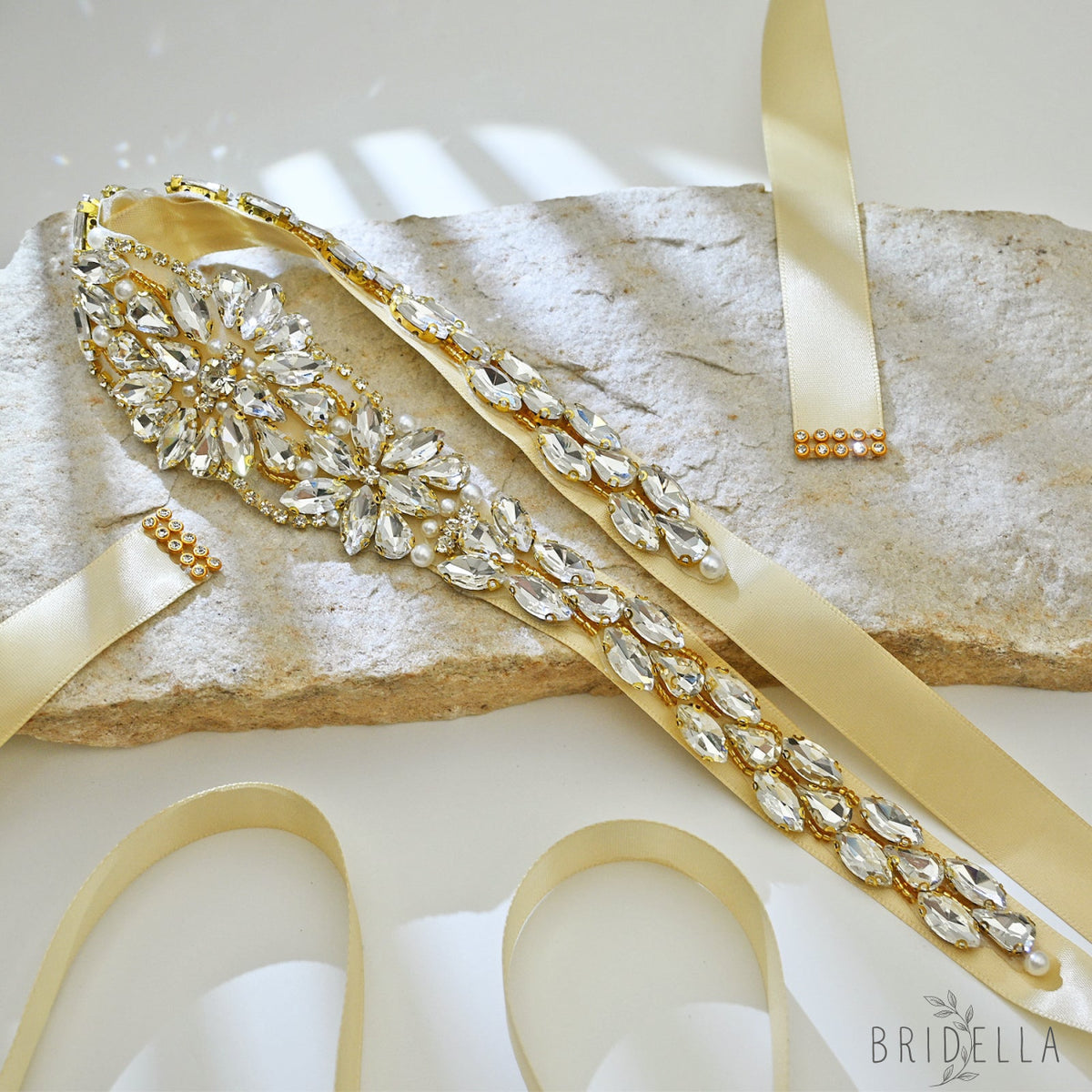 Ivory Rhinestone Bridal Sash Wedding Dress Belt – Bridella BS131-G - Gold - Belts