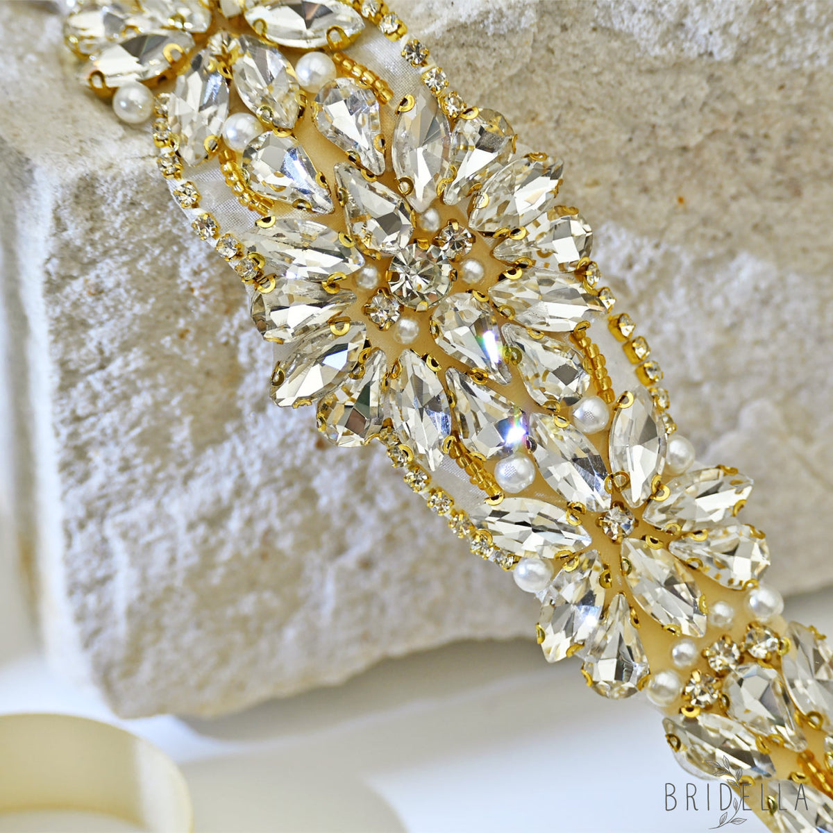 Ivory Rhinestone Bridal Sash Wedding Dress Belt – Bridella BS131-G - Gold - Belts