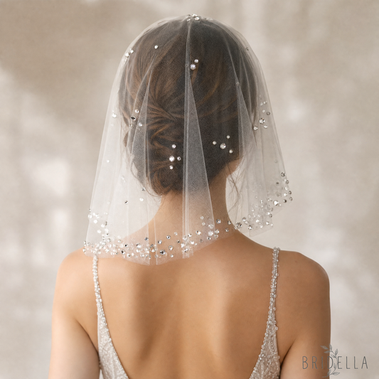 Ivory Rhinestone Mesh Bridal Face Veil Blusher Veil - Bridella BMA14-W - face veil