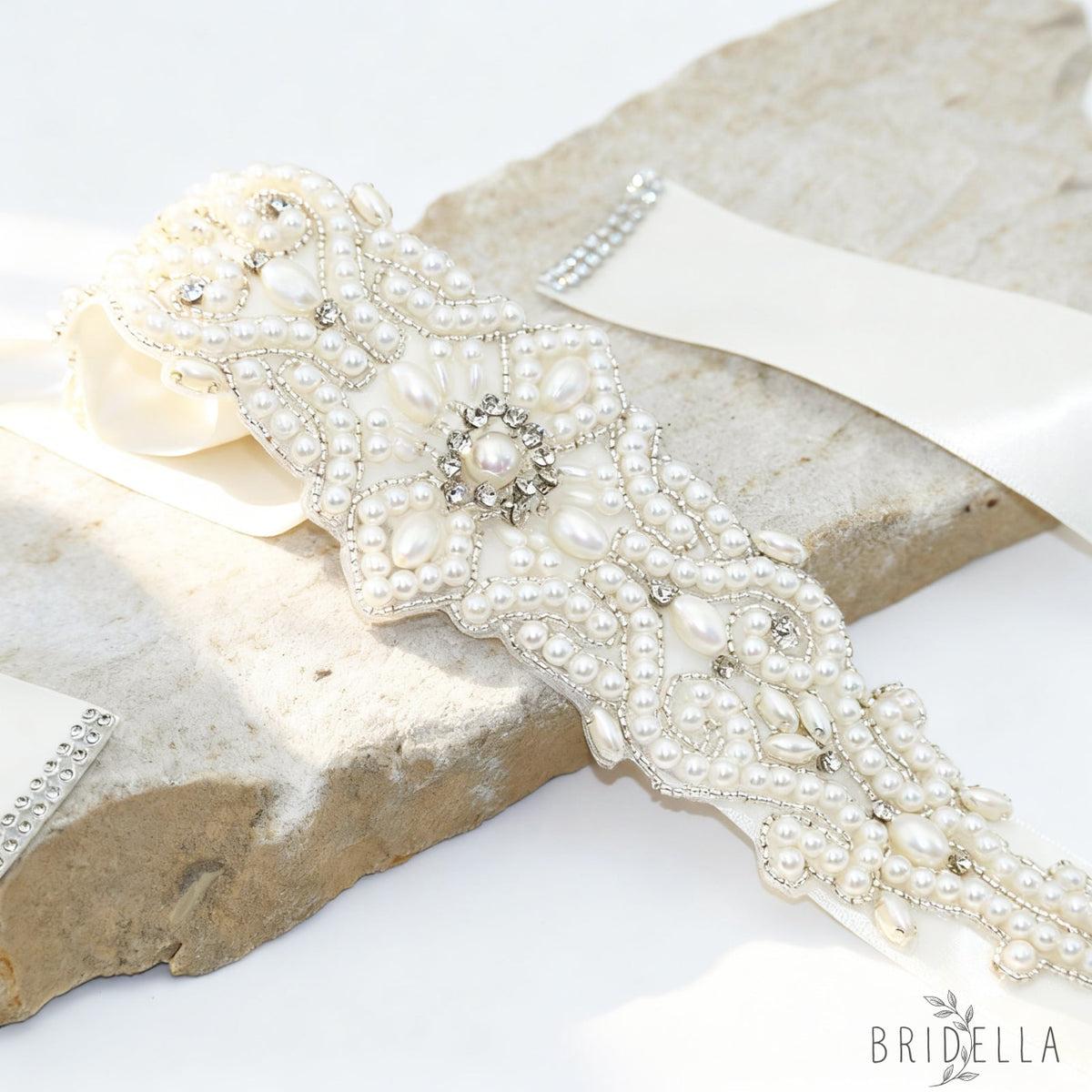 Ivory Rhinestone & Pearl Belt - Ivory - Blets
