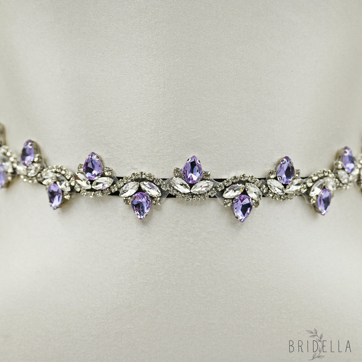 Lavender Rhinestone Bridal Belt with Black Ribbon Waist Sash Bridella BS211-LA - Lavender - Belts