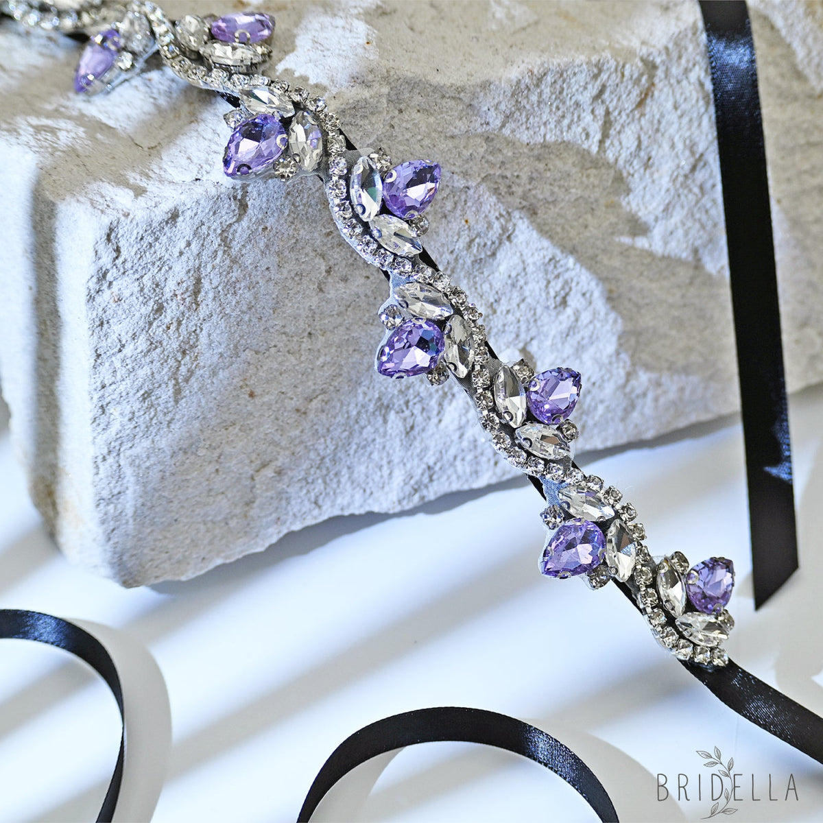 Lavender Rhinestone Bridal Belt with Black Ribbon Waist Sash Bridella BS211-LA - Lavender - Belts