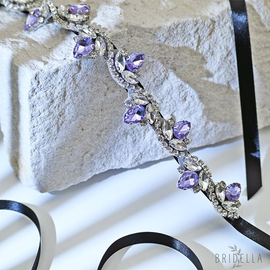 Lavender Rhinestone Bridal Belt with Black Ribbon Waist Sash Bridella BS211-LA - Lavender - Belts