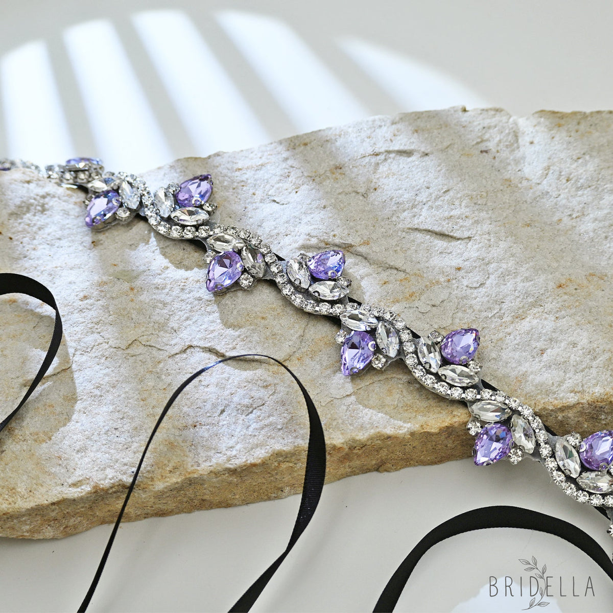 Lavender Rhinestone Bridal Belt with Black Ribbon Waist Sash Bridella BS211-LA - Lavender - Belts