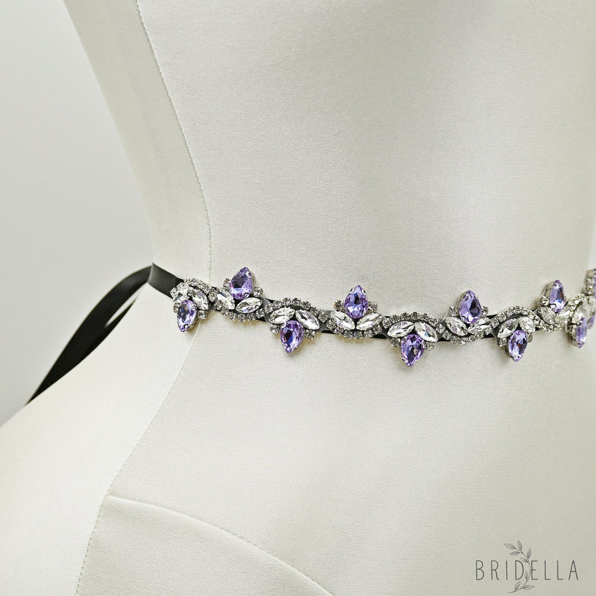 Lavender Rhinestone Bridal Belt with Black Ribbon Waist Sash Bridella BS211-LA - Lavender - Belts