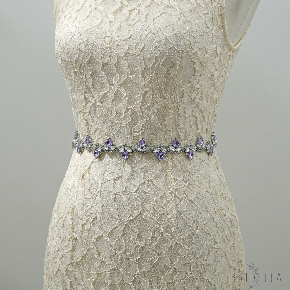 Lavender Rhinestone Bridal Belt with Black Ribbon Waist Sash Bridella BS211-LA - Lavender - Belts