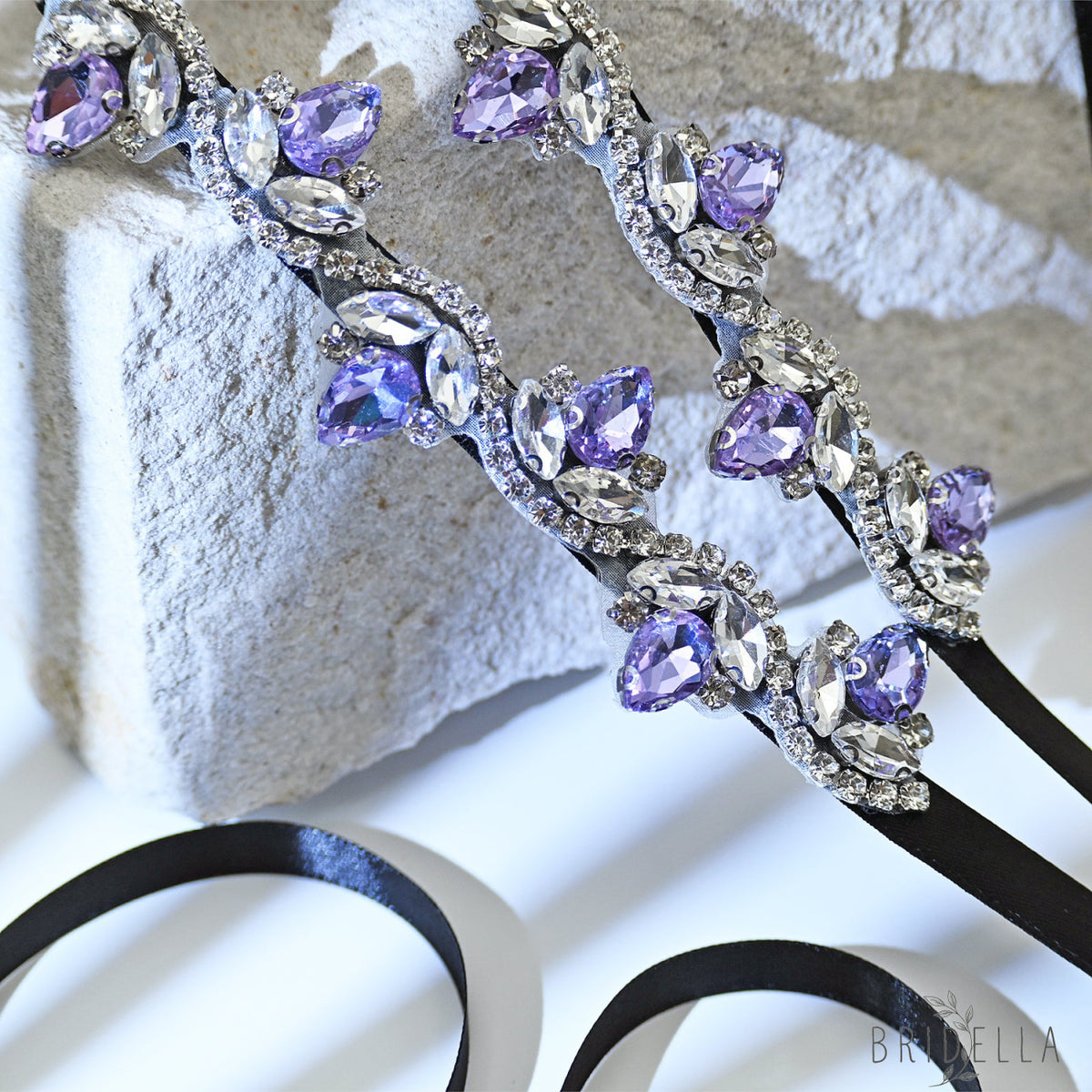 Lavender Rhinestone Bridal Belt with Black Ribbon Waist Sash Bridella BS211-LA - Lavender - Belts