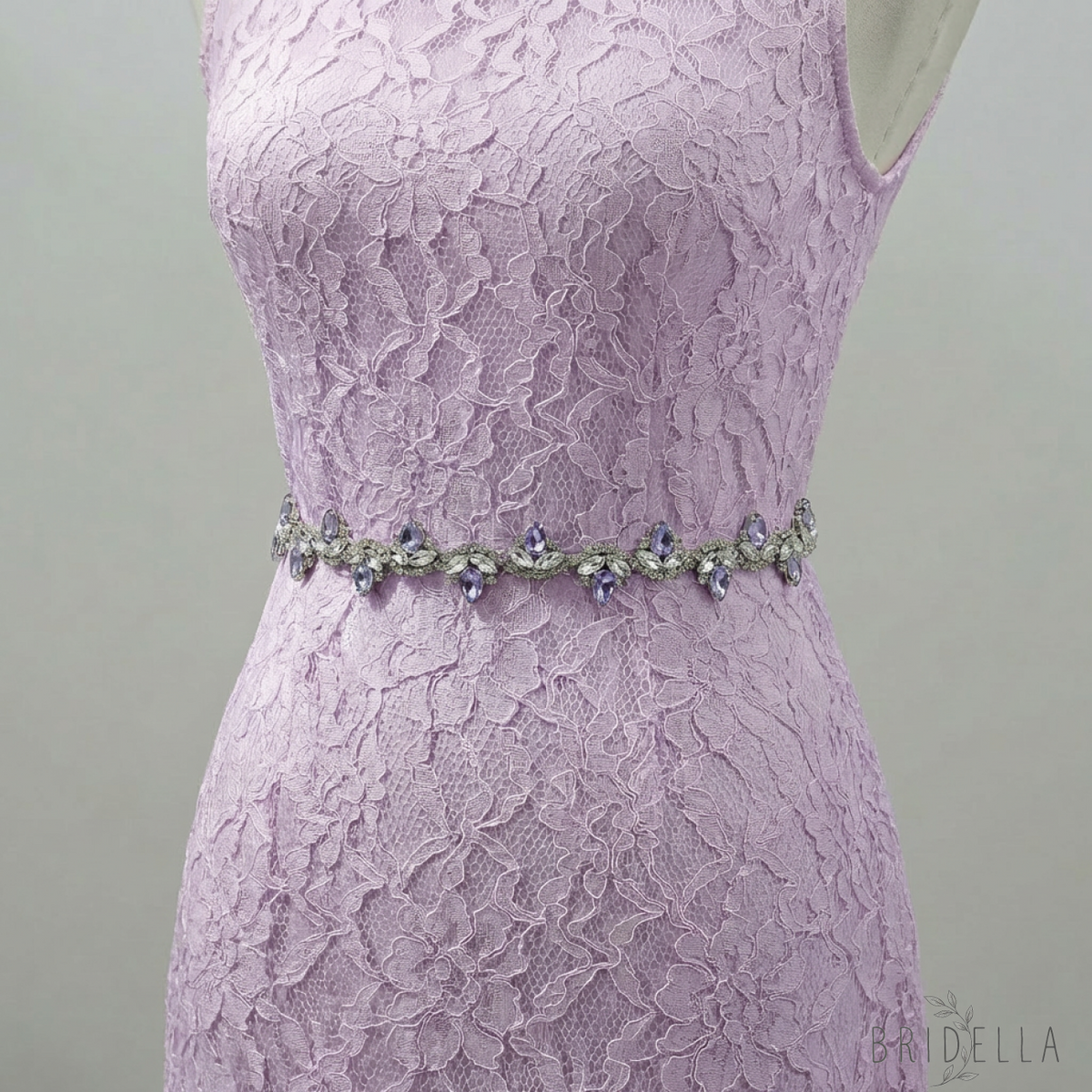 Lavender Rhinestone Bridal Belt with Black Ribbon Waist Sash Bridella BS211-LA - Lavender - Belts