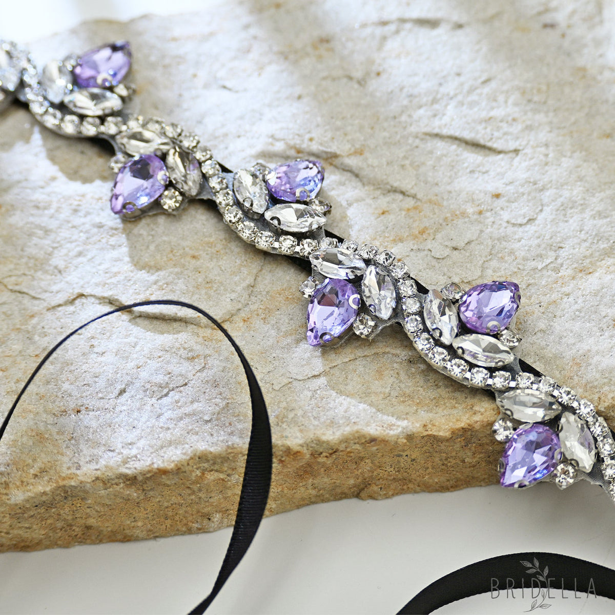 Lavender Rhinestone Bridal Belt with Black Ribbon Waist Sash Bridella BS211-LA - Lavender - Belts